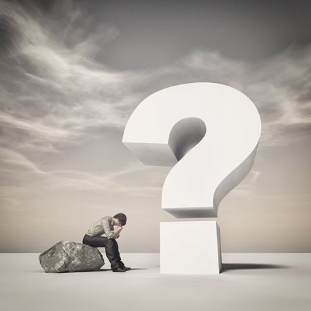 Young man sitting on a rock and thinking near a big question mark. This is a 3d render illustration.の写真素材