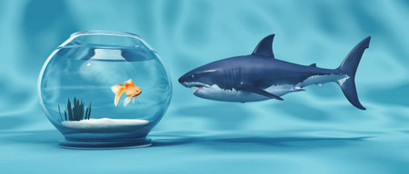 Golden Fish in a bowl and a big shark.This is a 3d render illustrationの写真素材