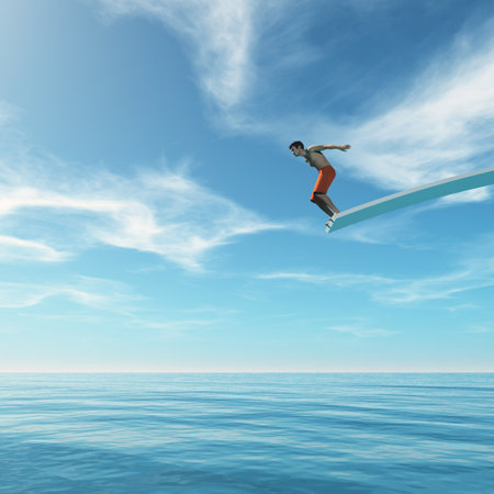 Young man jumping from trampoline into sea. This is a 3d render illustrationの写真素材