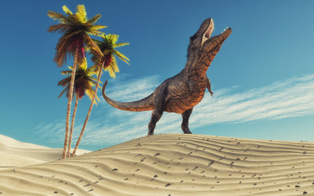 Dinosaur in desert thirsty.This is a 3d redner illustrationの写真素材