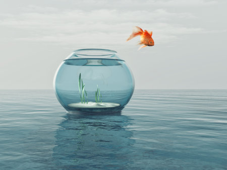 Goldfish in a bowl jumping in the sea. This is a 3d render illustrationの写真素材