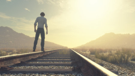 Young man walking on railroad. This is a 3d render illustrationの写真素材