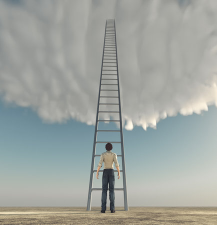 Man in front of a ladder to heaven. The concept of success. This is a 3d render illustrationの写真素材