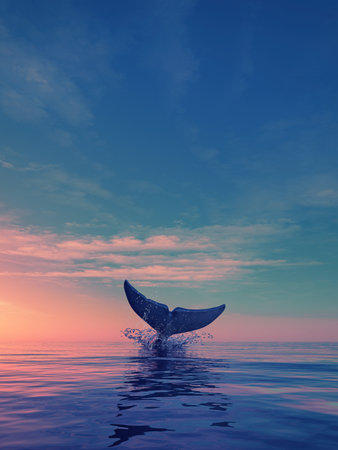 A whale dives at sunset. This is a 3d render illustration