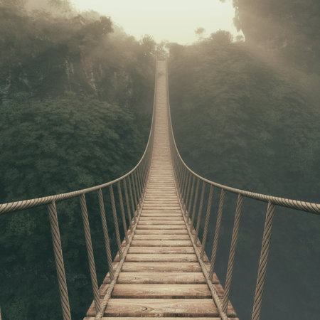 Rope bridge suspended between mountains. This is a 3d render illustration.