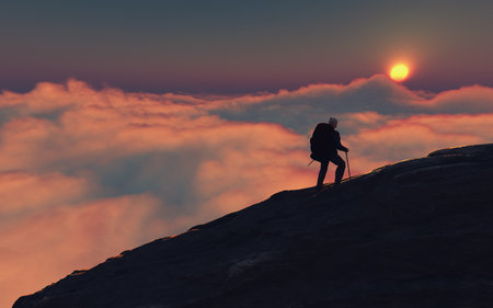 Man with backpack climbing a mountain in the evening. This is a 3d render illustrationの写真素材