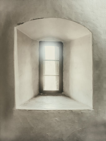 Small window of thick brick in the wallの写真素材