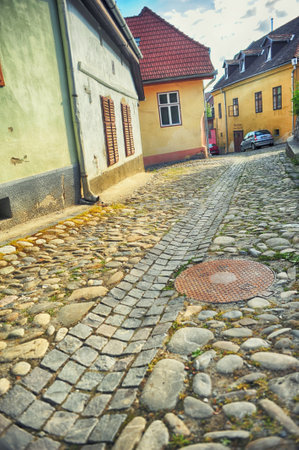 Medieval street view in Fortress Sighisoara in Romania, Transylvaniaの写真素材