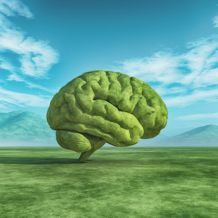 Conceptual image of a large tree in the shape of the human brain on a green field. This is a 3d render illustration.の写真素材