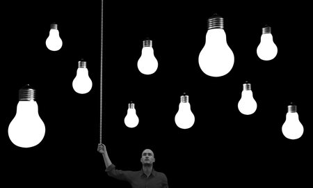 Man with a lightbulbs above his head. This is a 3d render illustration.の写真素材