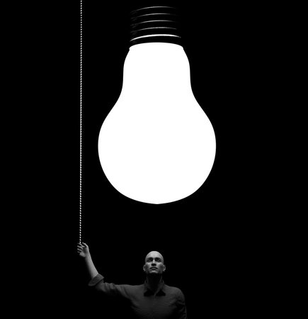 Man with a big bulb above his head. This is a 3d render illustration.の写真素材