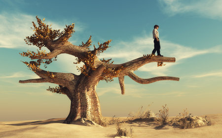 Man climbed a big tree in the desert and look away. This is a 3d render illustration.の写真素材