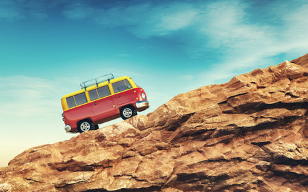 Red car up the mountain. This is a 3d render illustrationの写真素材