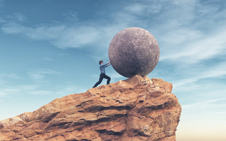 Man pushing a large stone to the top of the mountain.  Success concept. This is a 3d render illustrationの写真素材