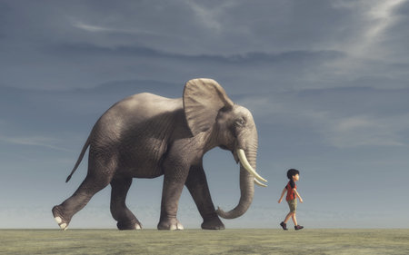 The boy goes and a big elephant. This is a 3d render illustration.