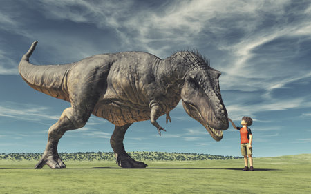 A boy and a big dinosaur. Conceptual image. This is a 3d render illustration.の写真素材