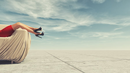 Young woman in red dress relaxes in a sofa. This is a 3d render illustrationの写真素材