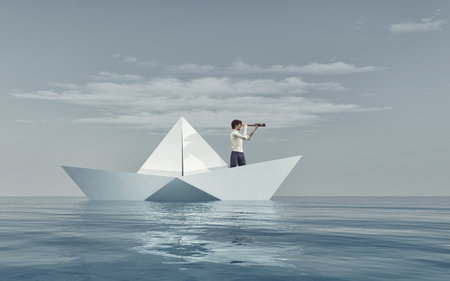 Man watching through a spyglass in a paper boat afloat the sea. This is a 3d render illustrationの写真素材
