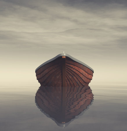 A boat on the lake in the morning. This is a 3d render illustrationの写真素材