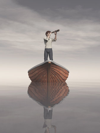 Man in a boat looking through the telescope. This is a 3d render illustrationの写真素材