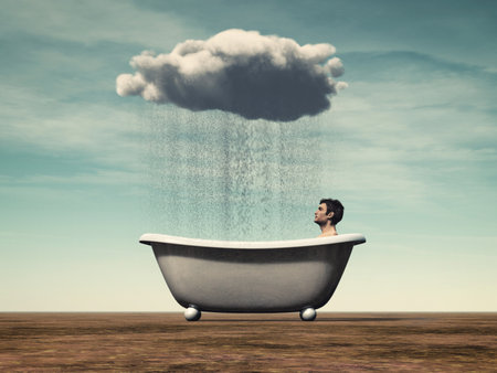 	Personal needs concept - man sitting in bath and a rain cloud. 3d render illustrationの写真素材