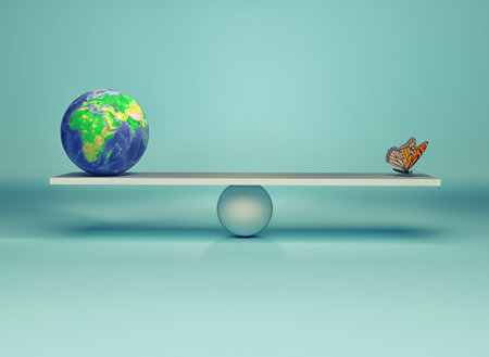 	Frail balance of the environment - Earth globe and a butterfly in balance. This is a 3d render illustrationの写真素材