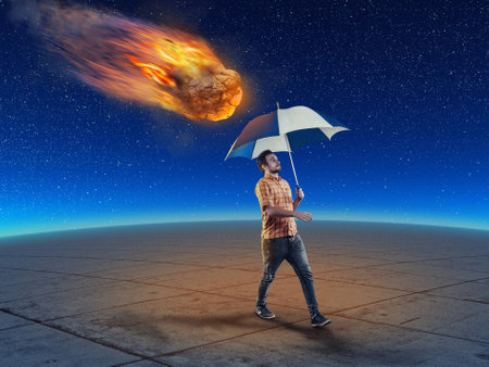 Man holds an umbrella while walking and a meteor falling down right behind him. The concept of careless man.