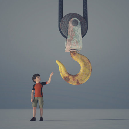 Little boy reaching a crane hook - 3d render illustrationの写真素材