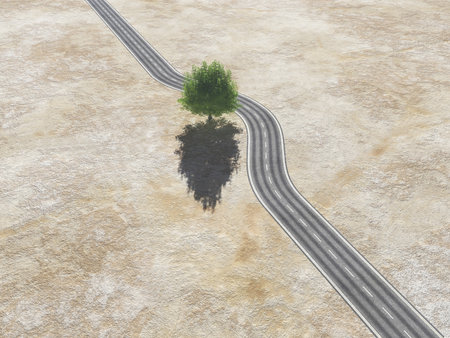 With a tree in the middle of the road - Concept of protection.  This is a 3d render illustrationの写真素材