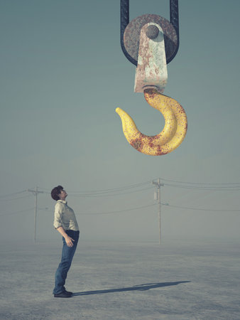 Man looking at a crane hook - 3d render illustrationの写真素材