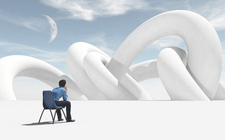 Thoughtful man sitting on chair and looking to horizon. This is a 3d renderの写真素材