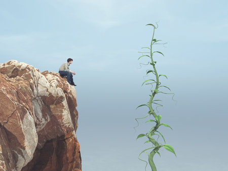 Man sitting on a rock and looking up to his big beanstalk growing up to the sky  This is a 3d render illustrationの写真素材