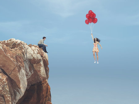 Man sits on a hill and sees a girl flying with balloons. This is a 3d renderの写真素材