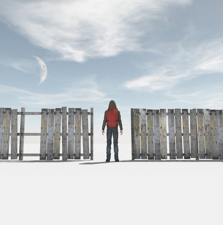 Man wearing  backpack and stay at gate of the fence. This is a 3d renderの写真素材