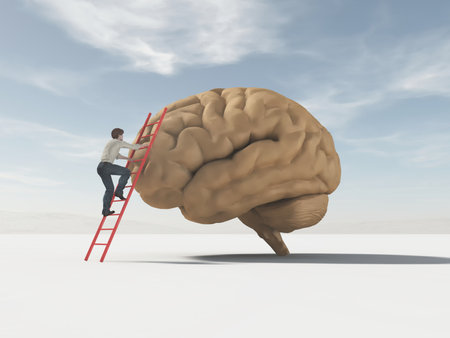 The man climbs a ladder supported by a brain. The concept of intelligence. This is a 3d render illustrationの写真素材