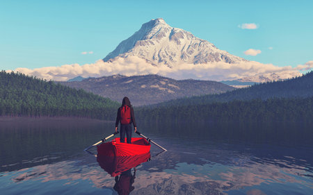 Man sitting on a boat on the mountain lake - 3d illustrationの写真素材