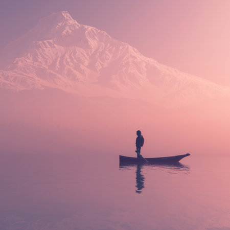 Man sitting on a boat on the mountain lake - 3d illustrationの写真素材