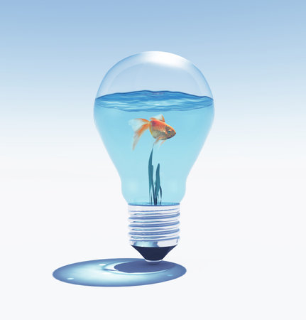 Side view of fish swimming against clear light bulb. 3d render illustrationの写真素材