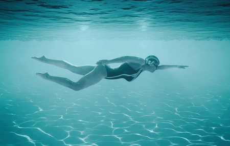 Woman swimming underwater in a sea. This is a 3d render illustrationの写真素材