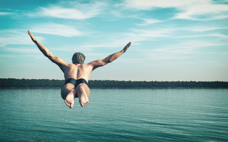 The young man jumps in the water. This is a 3d render illustrationの写真素材