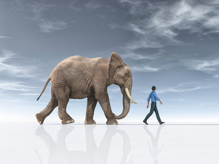 The man goes together with a big elephant. This is a 3d render illustration.の写真素材