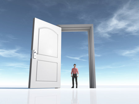 Young man and a open door. This is a 3d render illustrationの写真素材