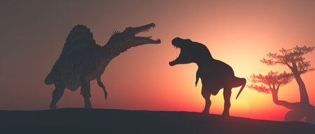 Tyrannosaurus Rex in the jungle at sunset. This is a 3d render illustrationの写真素材