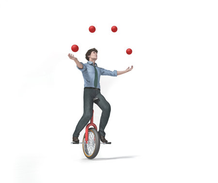 Juggler is balancing on bike. This is a 3d render illustrationの写真素材