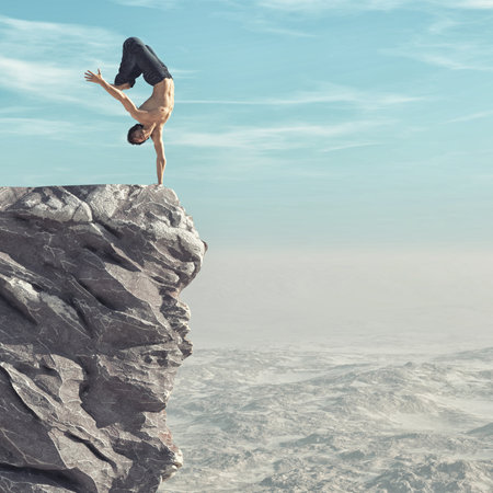The sportman makes exercises at the top of the mountaint.  This is a 3d render illustrationの写真素材