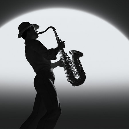 Black and white image of a man playing saxophone. This is a 3d render illustration.の写真素材
