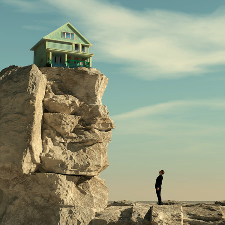 Man looks up to a mountain to a house. House at the edge of the mountain cliff. This is a 3d illustration.