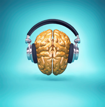 Golden brain with a headset.  3d render illustration