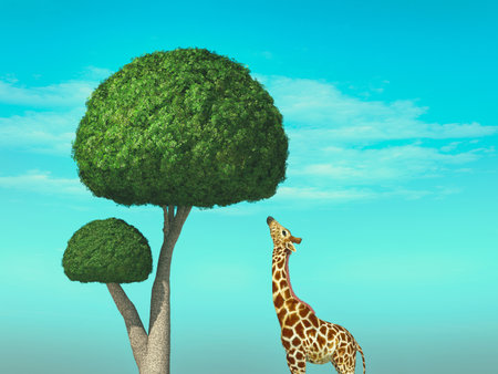 Giraffe looks up to a tree. This is a 3d render illustration.の写真素材