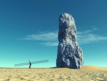 Man holds a ladder and looks up to climb a big rock in the wildness. This is a 3d render illustration.の写真素材